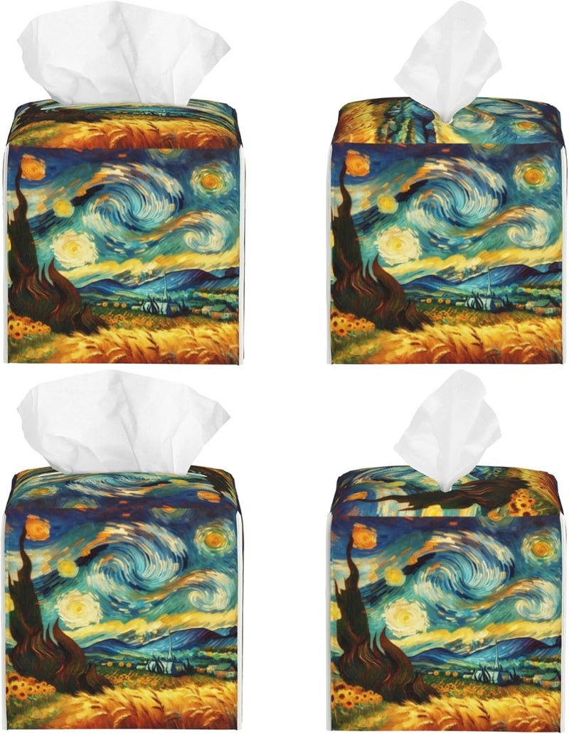 sndheke Starry Night Tissue Box Cover Square, Abstract Impressionist Oil Painting Tissue Box Holder Waterproof Leather Facial Paper Organizer Dispenser for Bathroom Home Car Nightstand Vanity Desk - Image 2